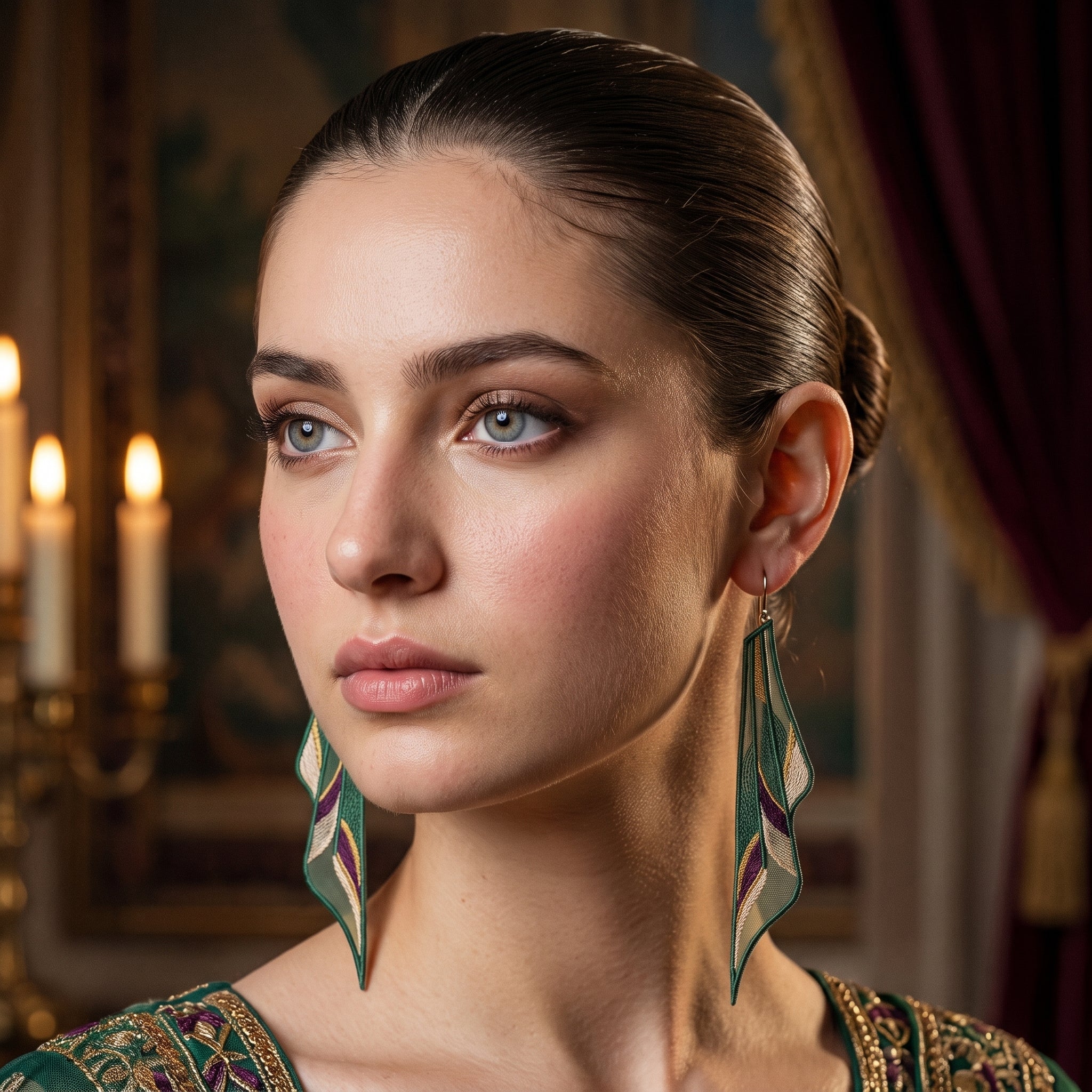 Elongated Leaf Embroidery Drop Earrings