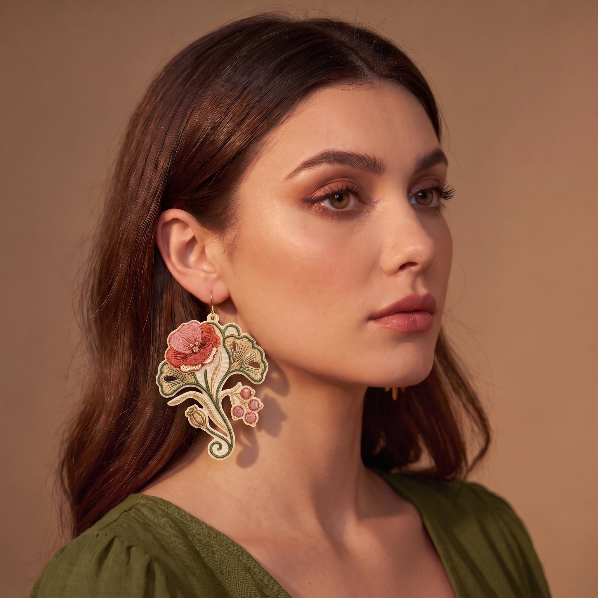 Botanical Poppy Embroidery Drop Earrings