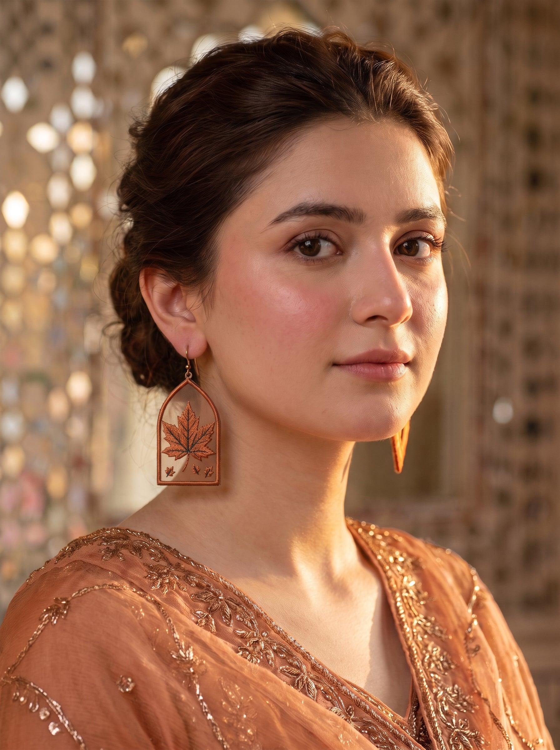 Autumn maple leaf terracotta embroidery earrings in copper arch ivory frame