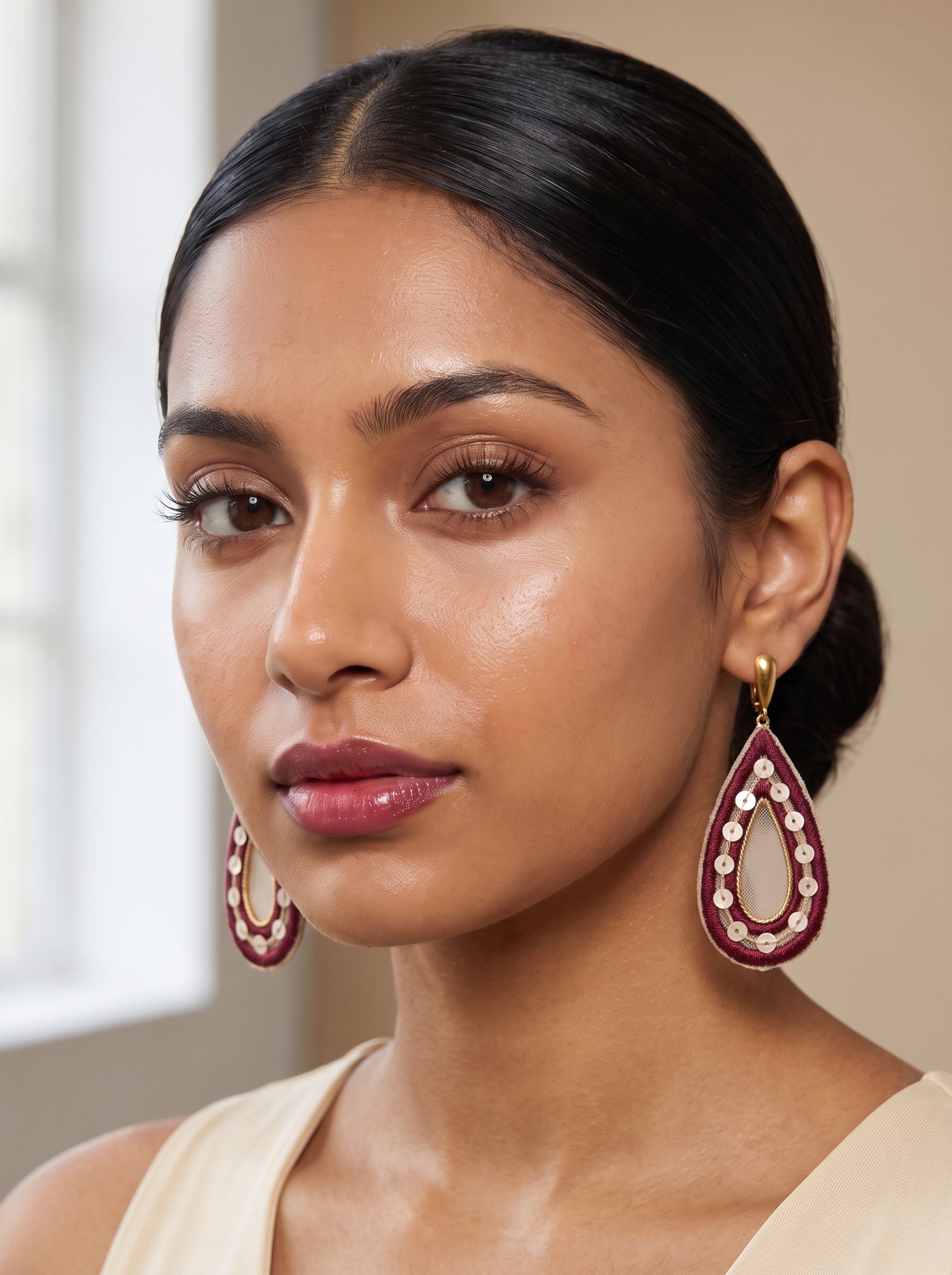 Wine red teardrop open hoop earrings with ivory sequin dot embroidery border