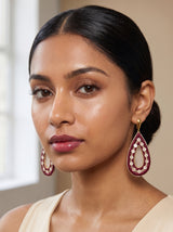Wine red teardrop open hoop earrings with ivory sequin dot embroidery border