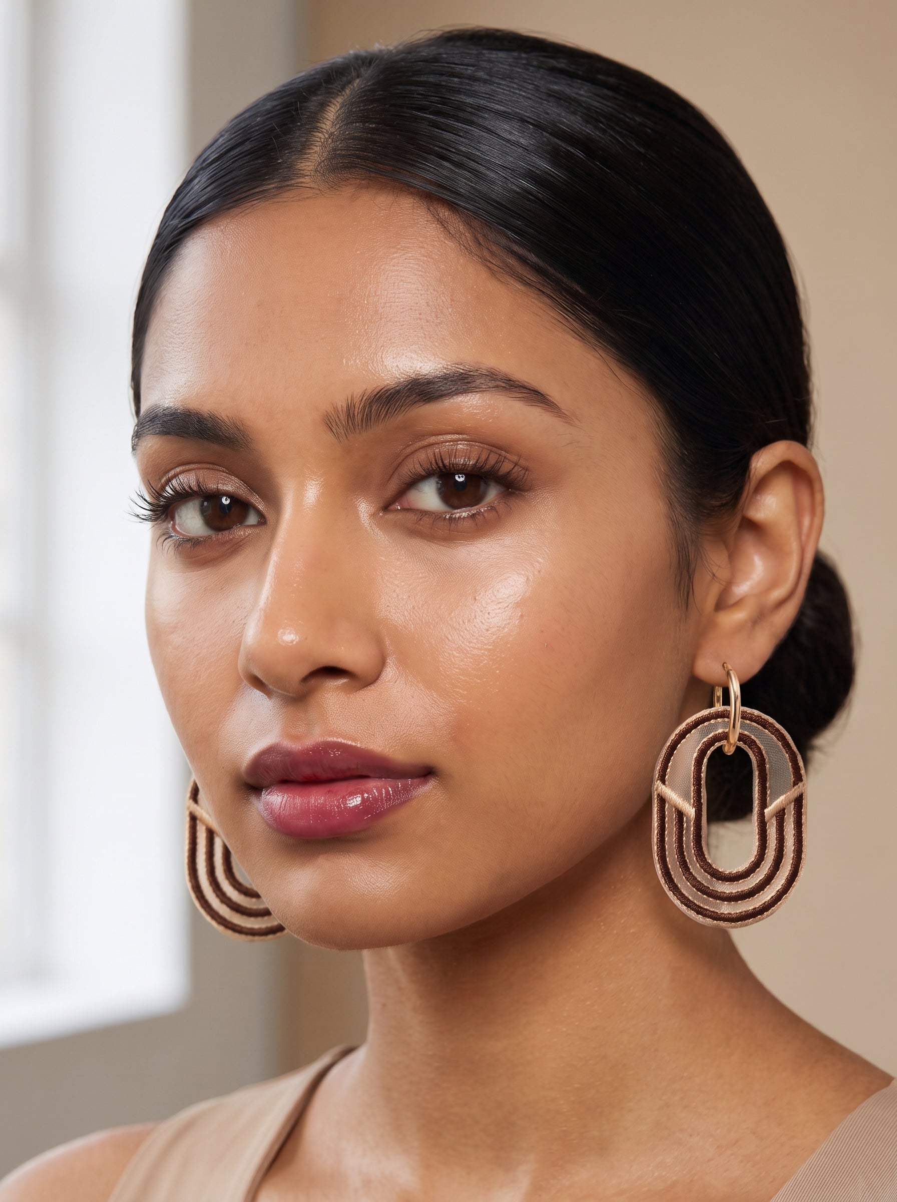 Mocha brown gold triple concentric arch geometric threadwork earrings with gold hoop