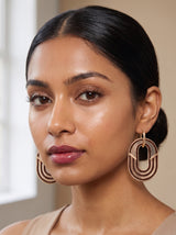 Mocha brown gold triple concentric arch geometric threadwork earrings with gold hoop