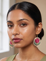 Magenta tulip embroidery earrings with green leaves on ivory shield frame