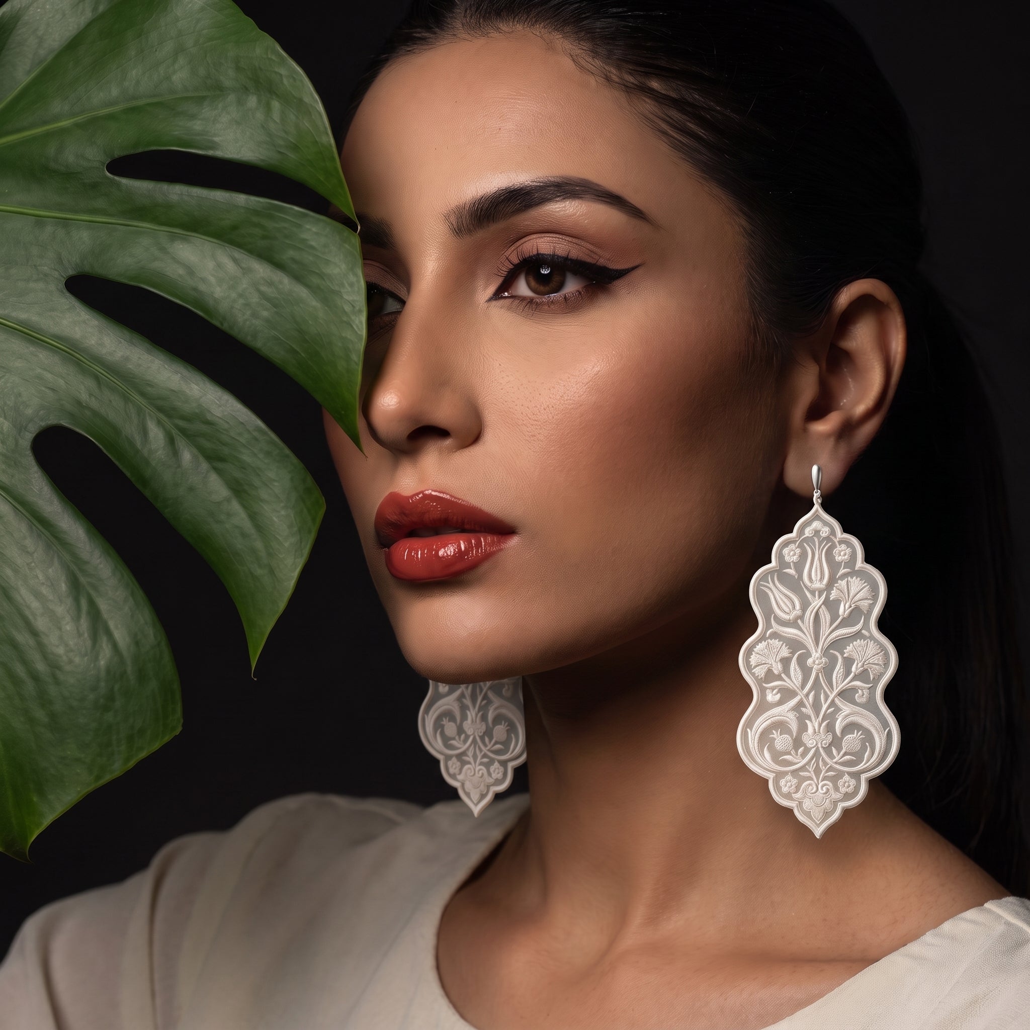 Mughal Tulip Vine Scalloped Embroidery Drop Earrings