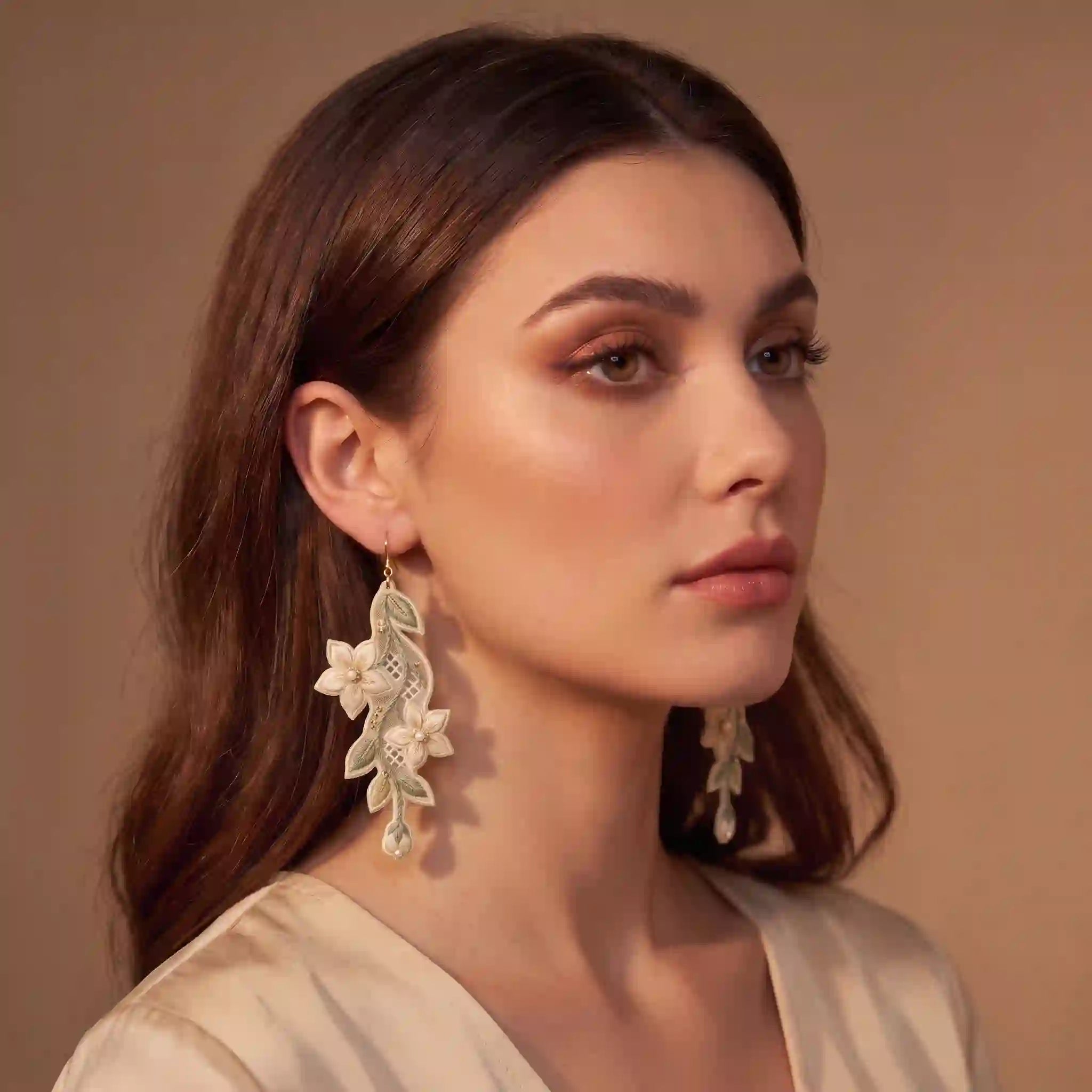 Ivory Lace Jasmine Embroidery Drop Earrings
