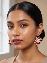 Crimson eight pointed star embroidery earrings with gold ball stud top