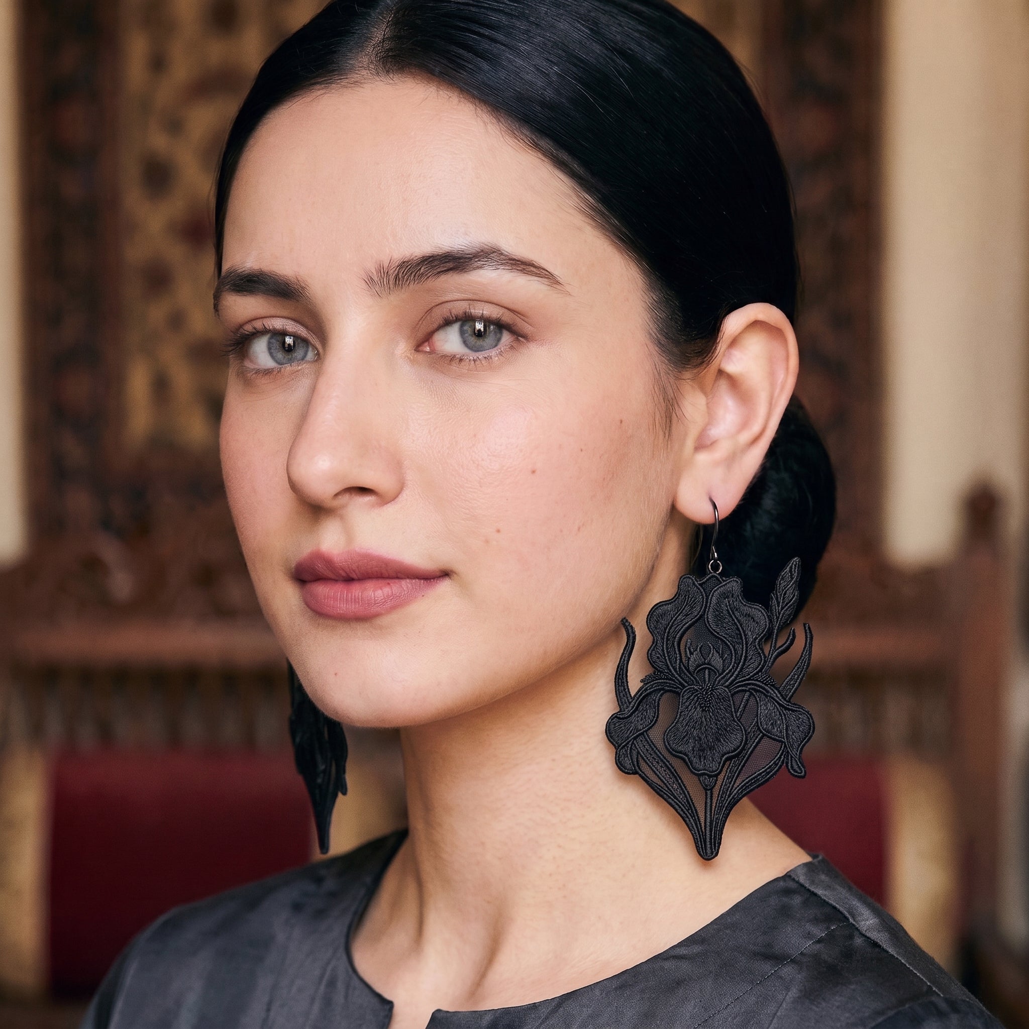 Black iris oversized botanical embroidery statement earrings with trailing stems