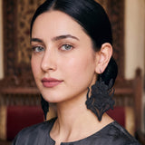 Black iris oversized botanical embroidery statement earrings with trailing stems