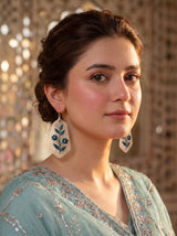 Teal blossom flower embroidery drop earrings on ivory trapeze shaped frame