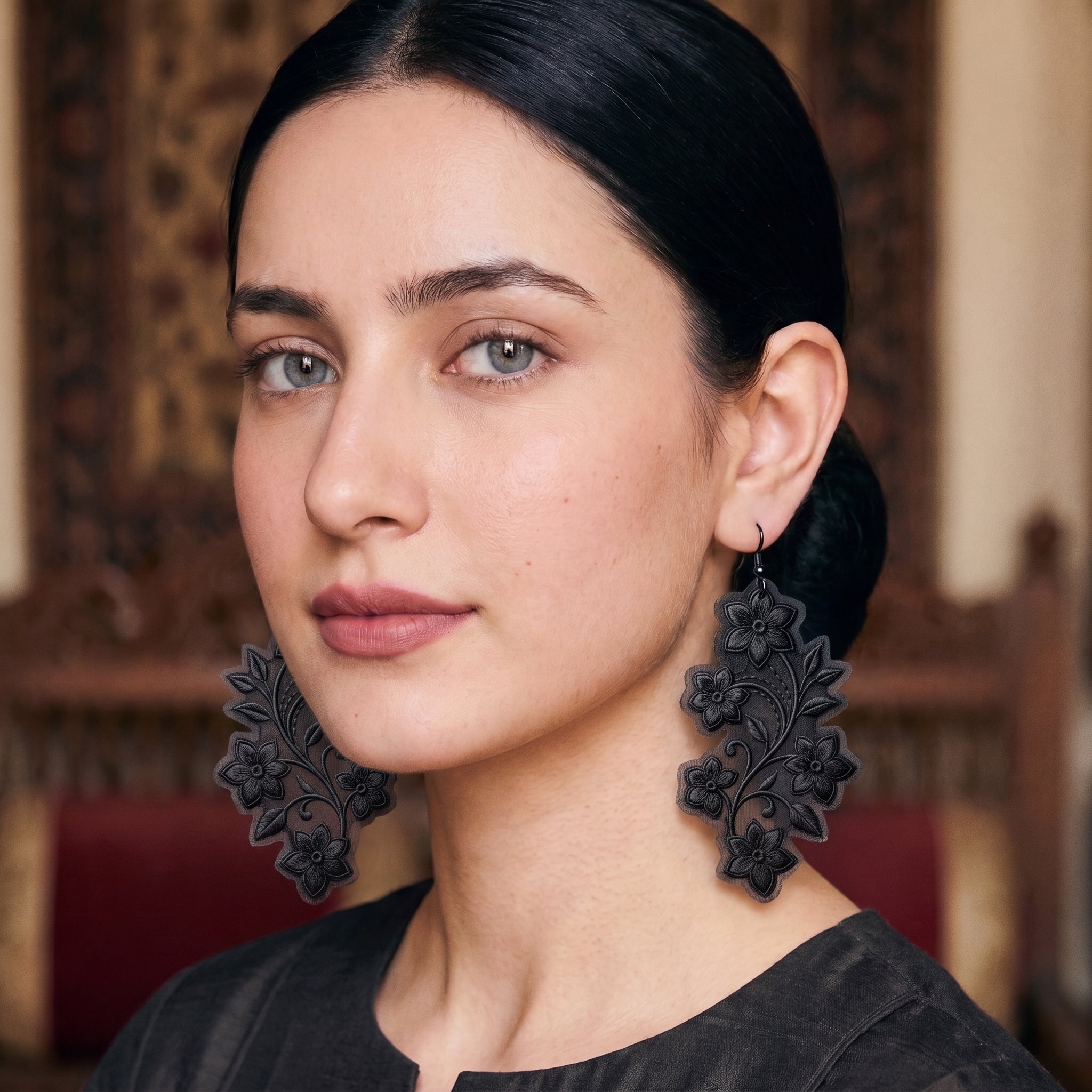 Black vine jasmine flower cascade embroidery statement earrings with trailing vines
