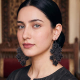 Black vine jasmine flower cascade embroidery statement earrings with trailing vines