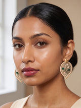 Ivory sprig white floral embroidery earrings with green leaves on large ivory leaf frame