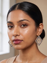 Diamond shaped grey and gold geometric grid embroidery earrings with gold ball stud