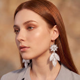 White Sequin Flower Leaf Drop Earrings