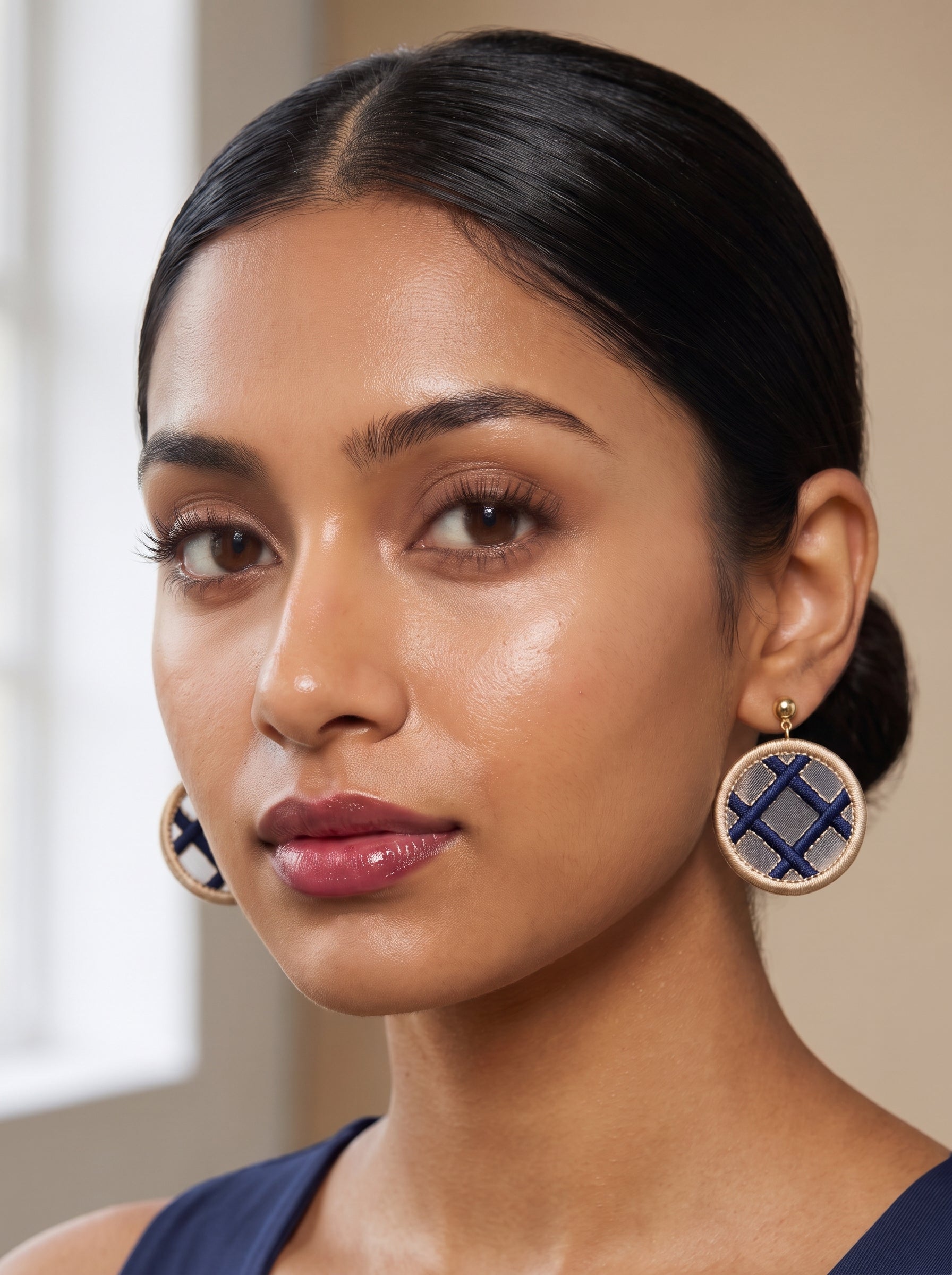 Navy blue plaid gold cross-stitch embroidery circle earrings with gold ball stud