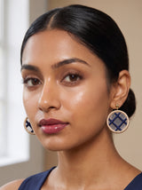 Navy blue plaid gold cross-stitch embroidery circle earrings with gold ball stud