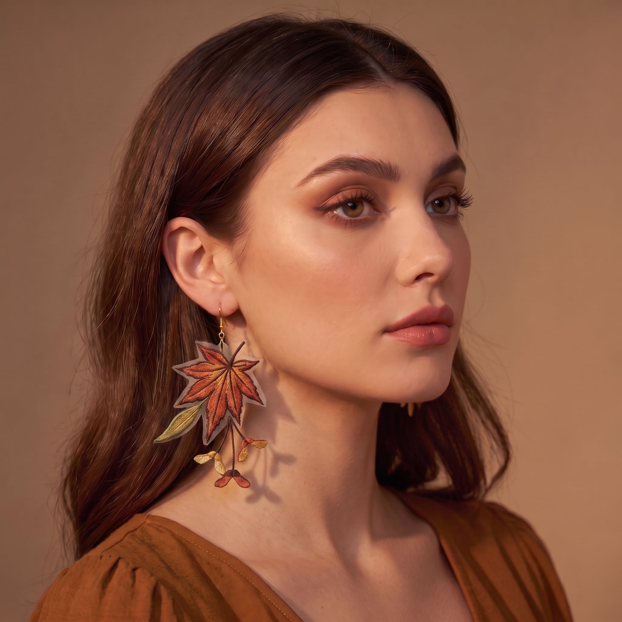 Autumn Maple Leaf Embroidery Drop Earrings