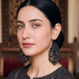Black fleur de lis Mughal baroque scrollwork filigree statement earrings