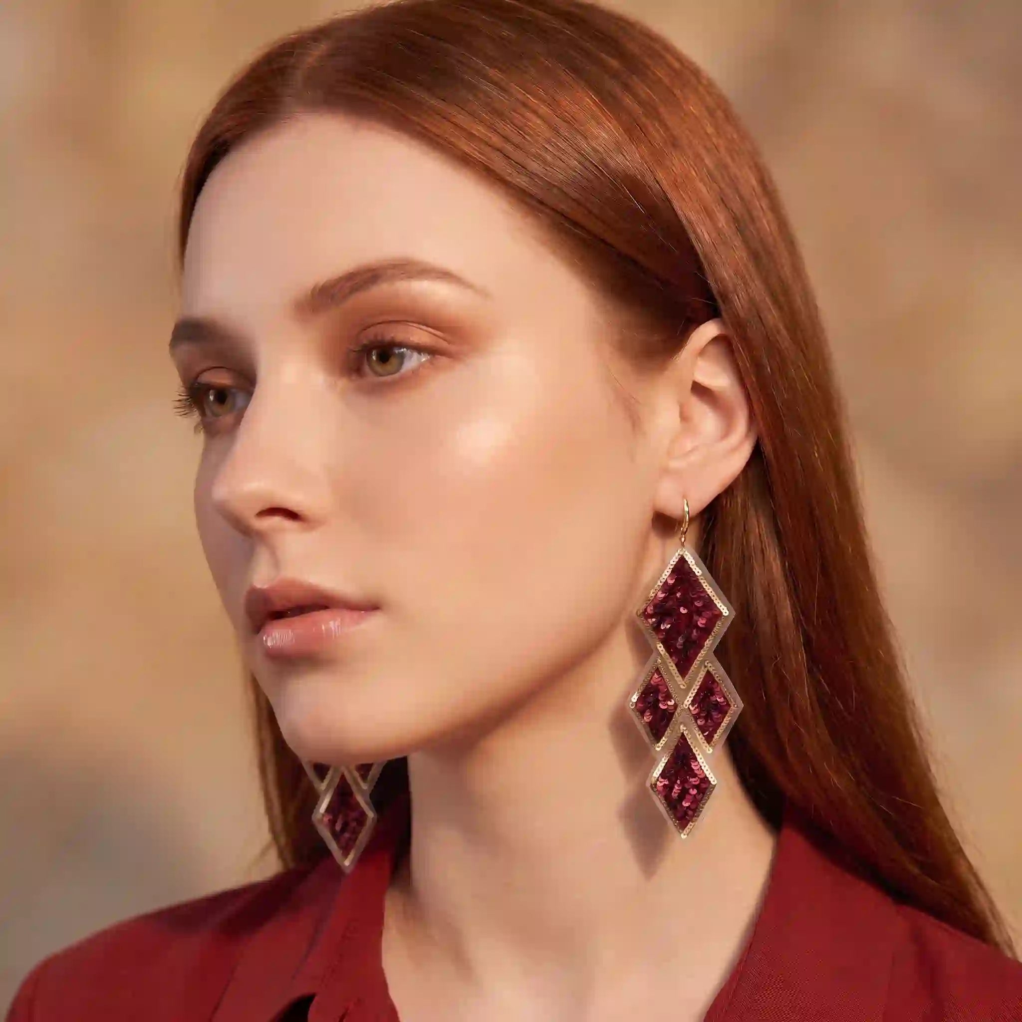 Burgundy Sequin Diamond Drop Earrings
