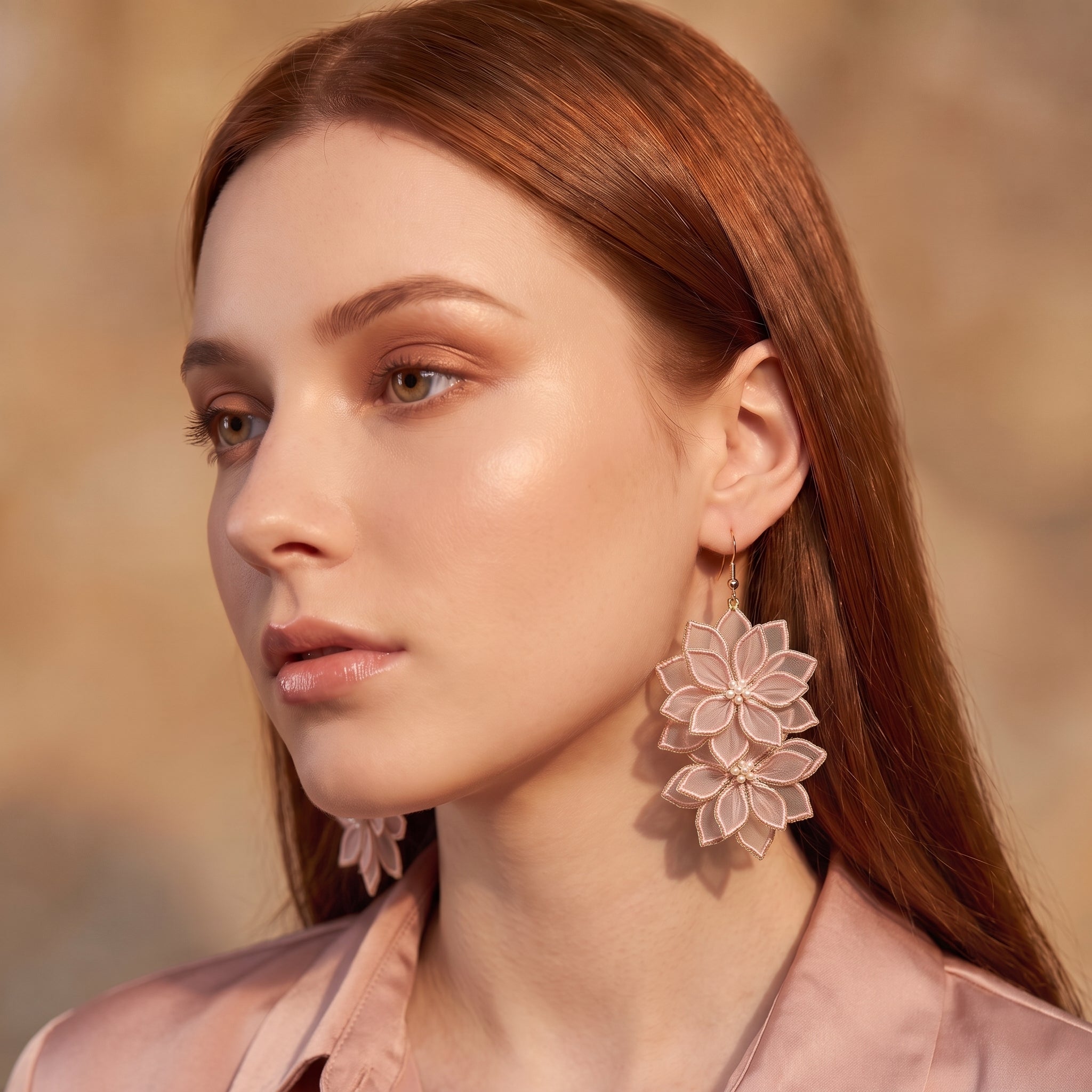 Blush Double Flower Drop Earrings