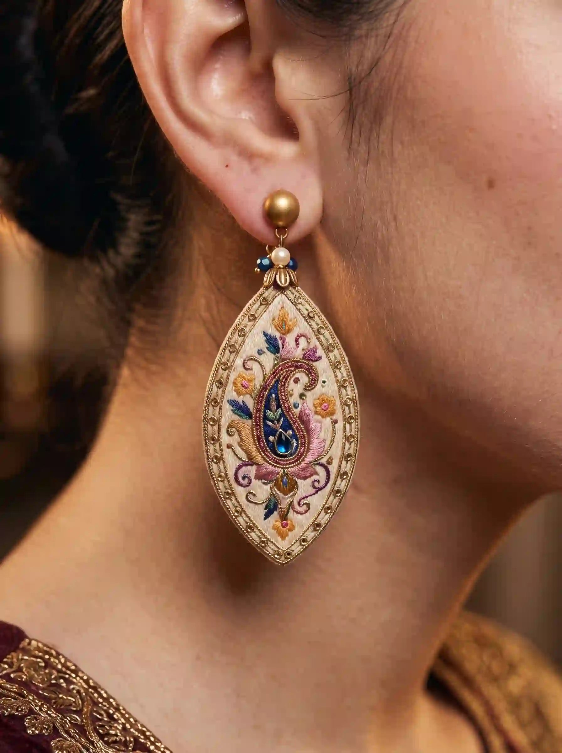 Marquise Paisley Embroidery Drop Earrings