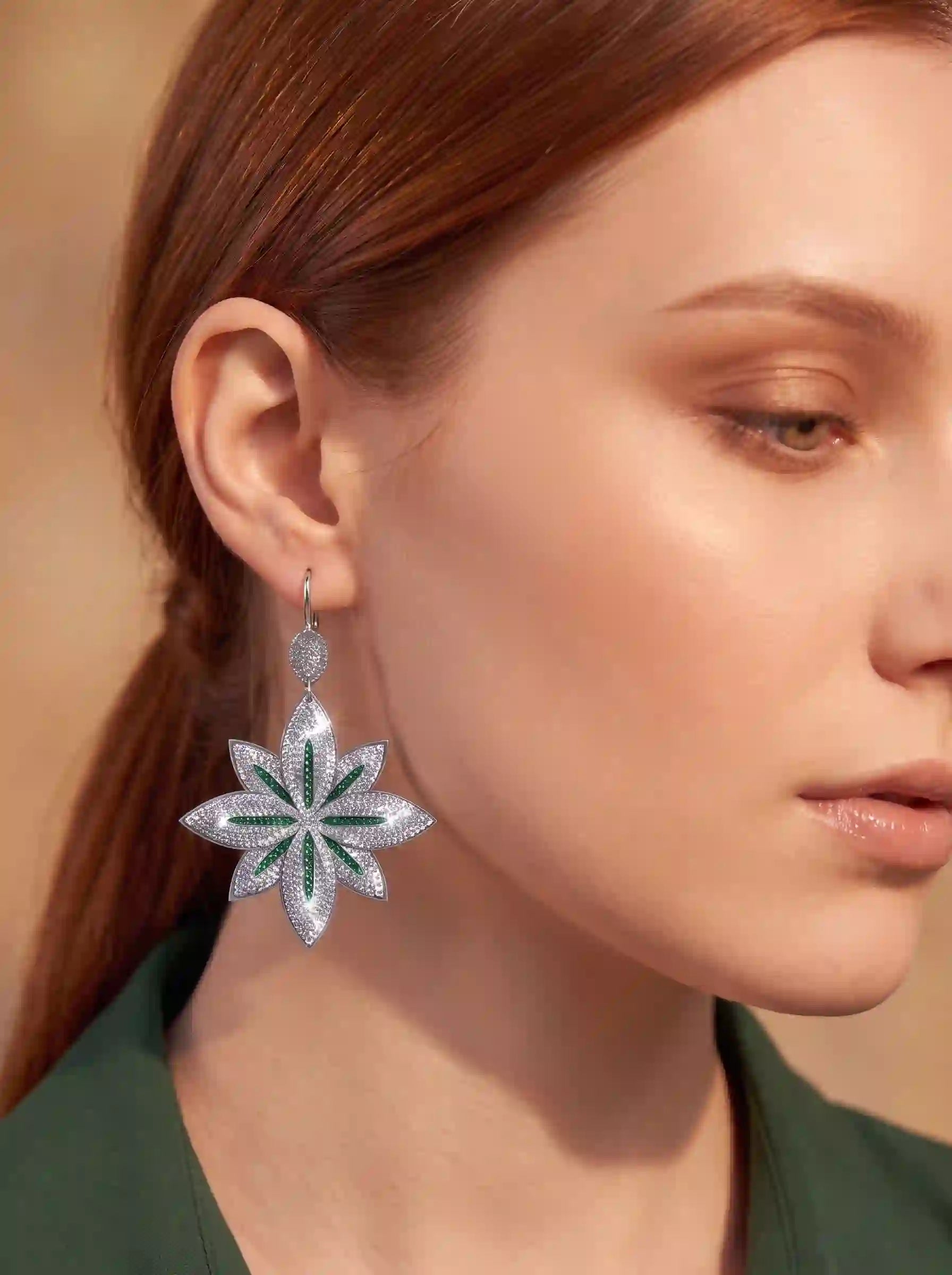 Emerald Crystal Flower Drop Earrings
