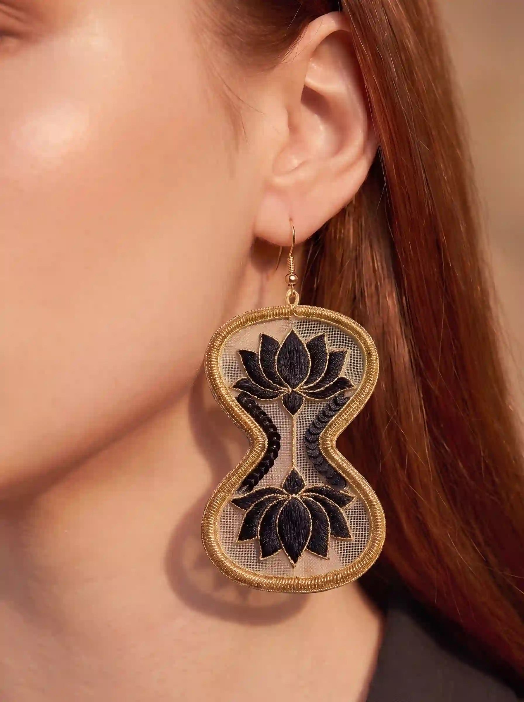 Black Lotus Gold Frame Drop Earrings