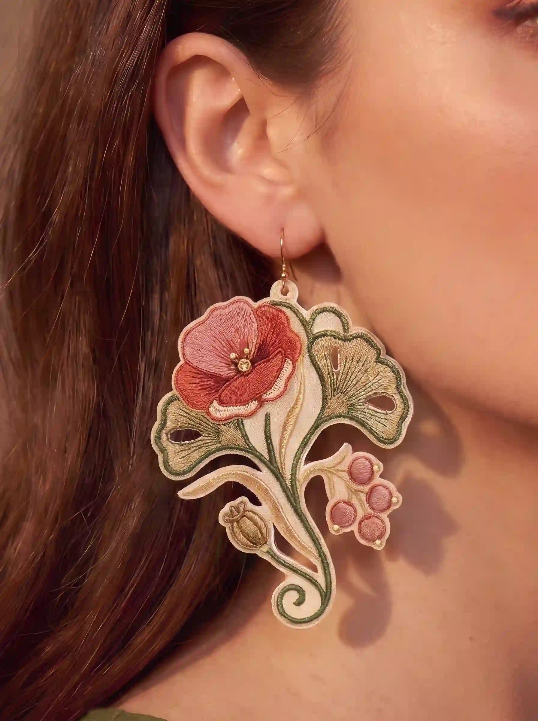 Botanical Poppy Embroidery Drop Earrings