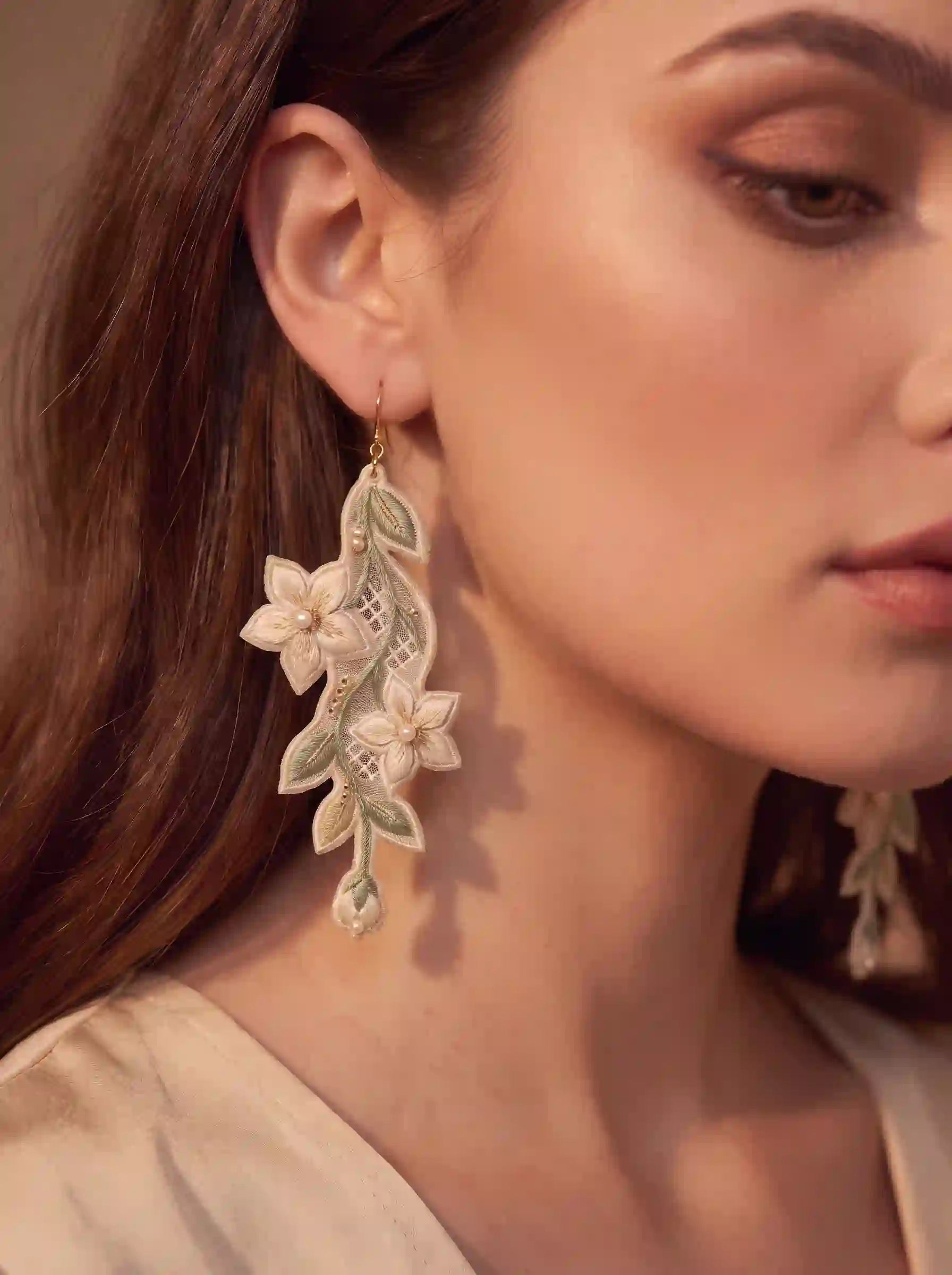 Ivory Lace Crown Embroidery Drop Earrings