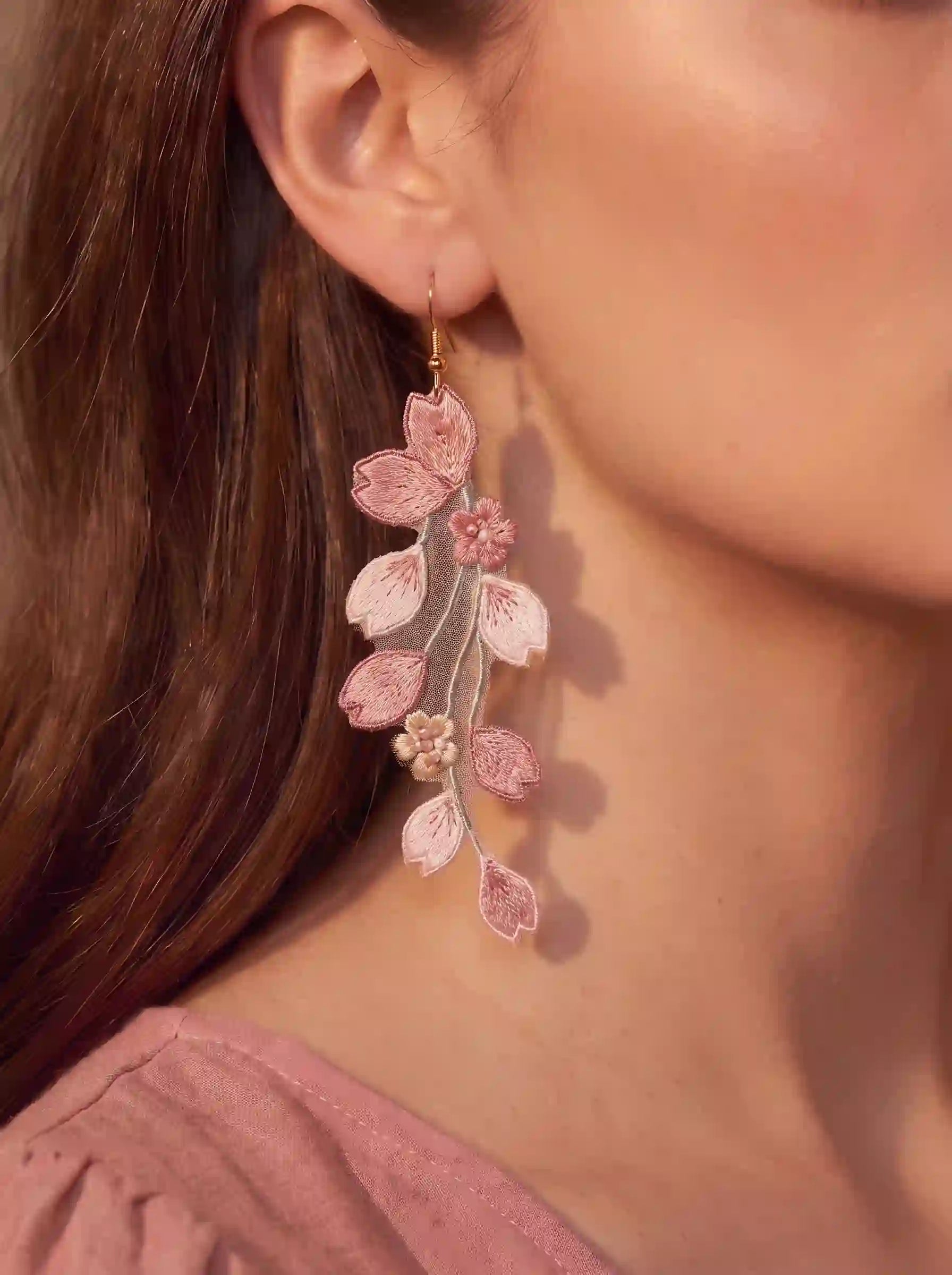 Cherry Blossom Cascade Embroidery Drop Earrings