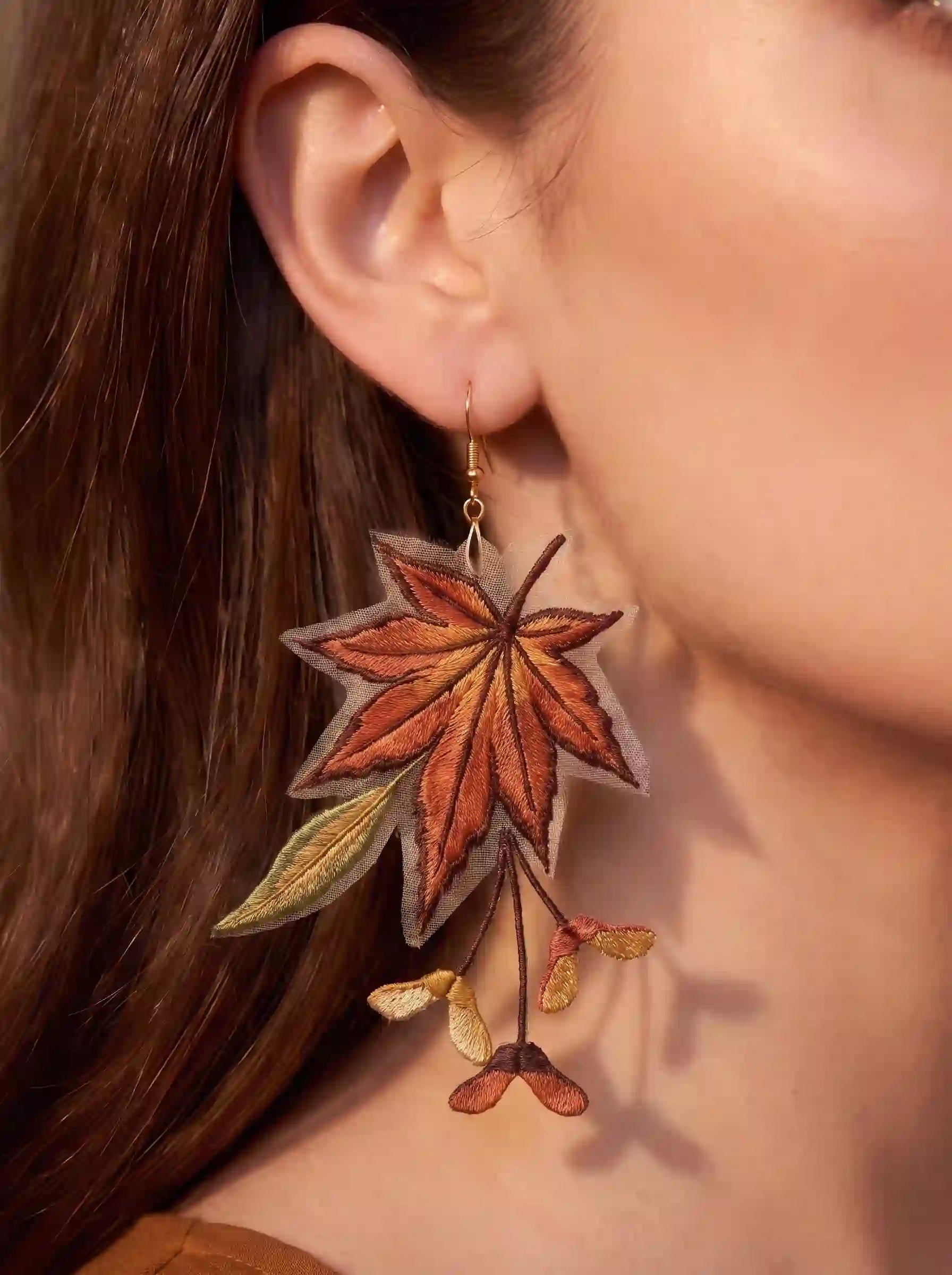 Autumn Maple Leaf Embroidery Drop Earrings