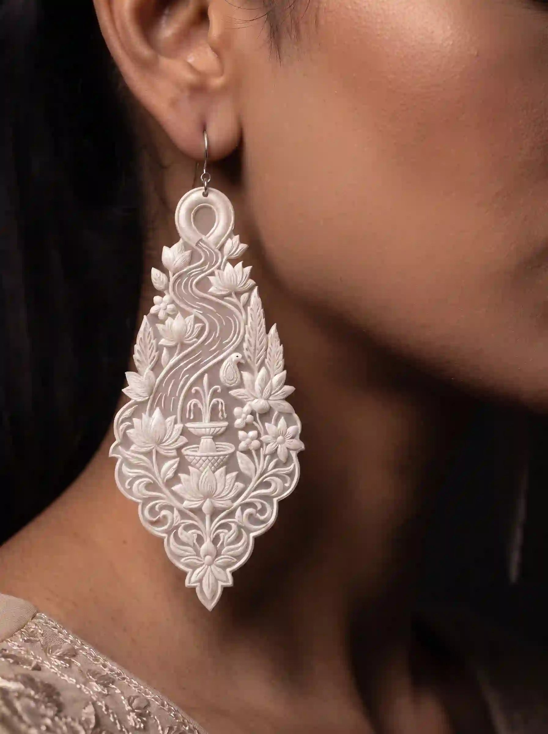 Peacock Lotus Teardrop Embroidery Drop Earrings