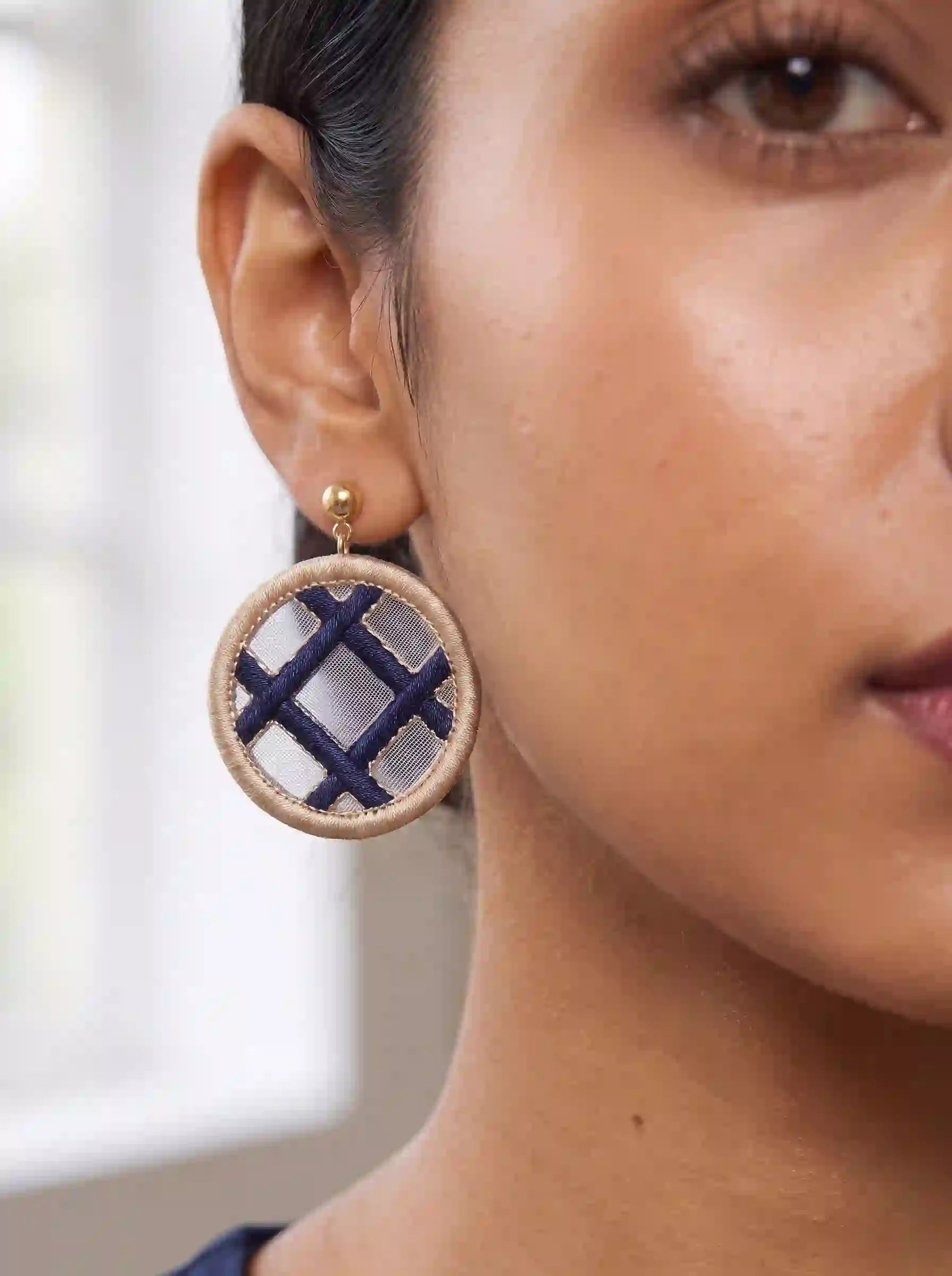 Navy Plaid Circle Earrings