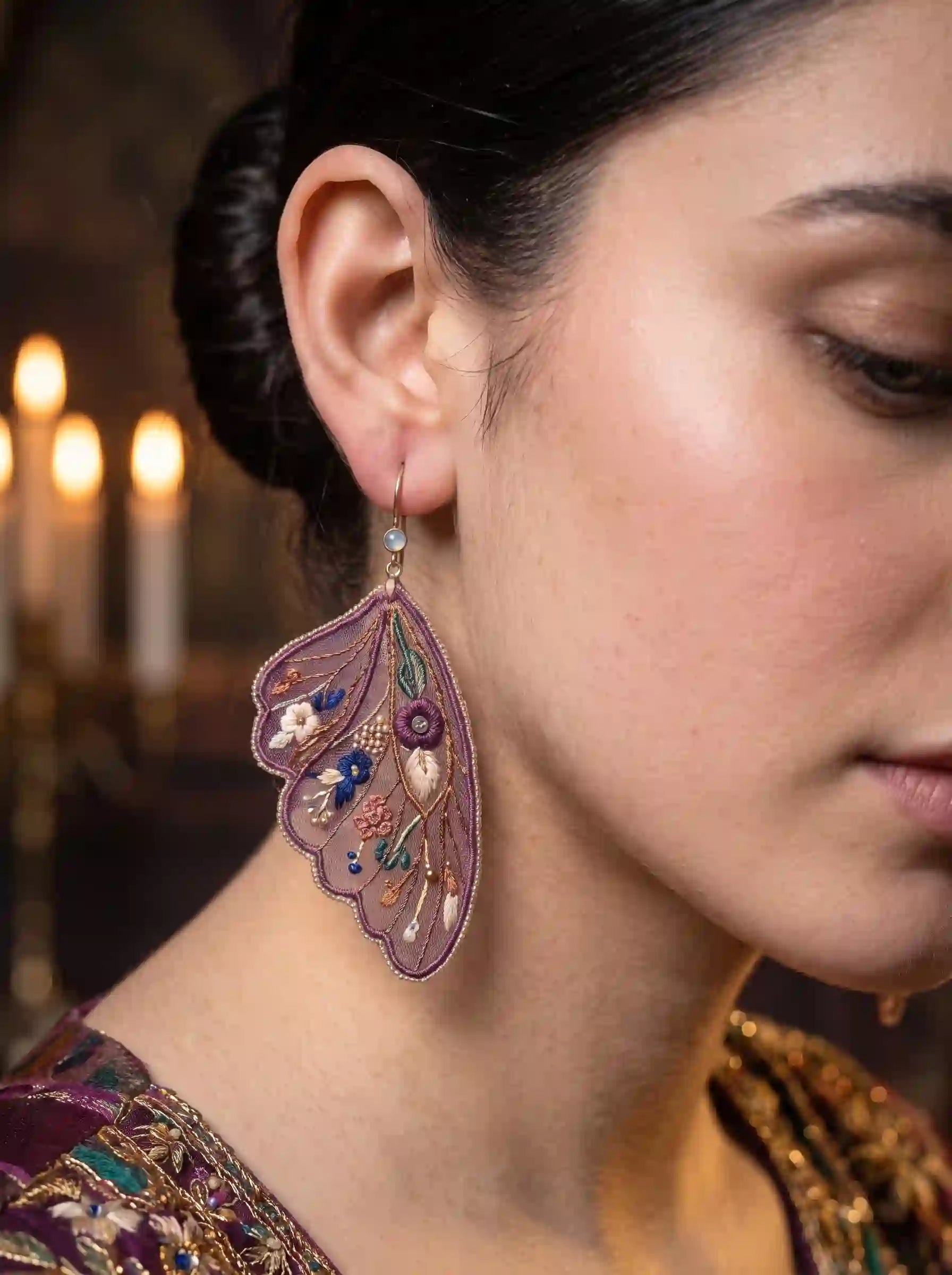 Floral Fan Embroidery Drop Earrings