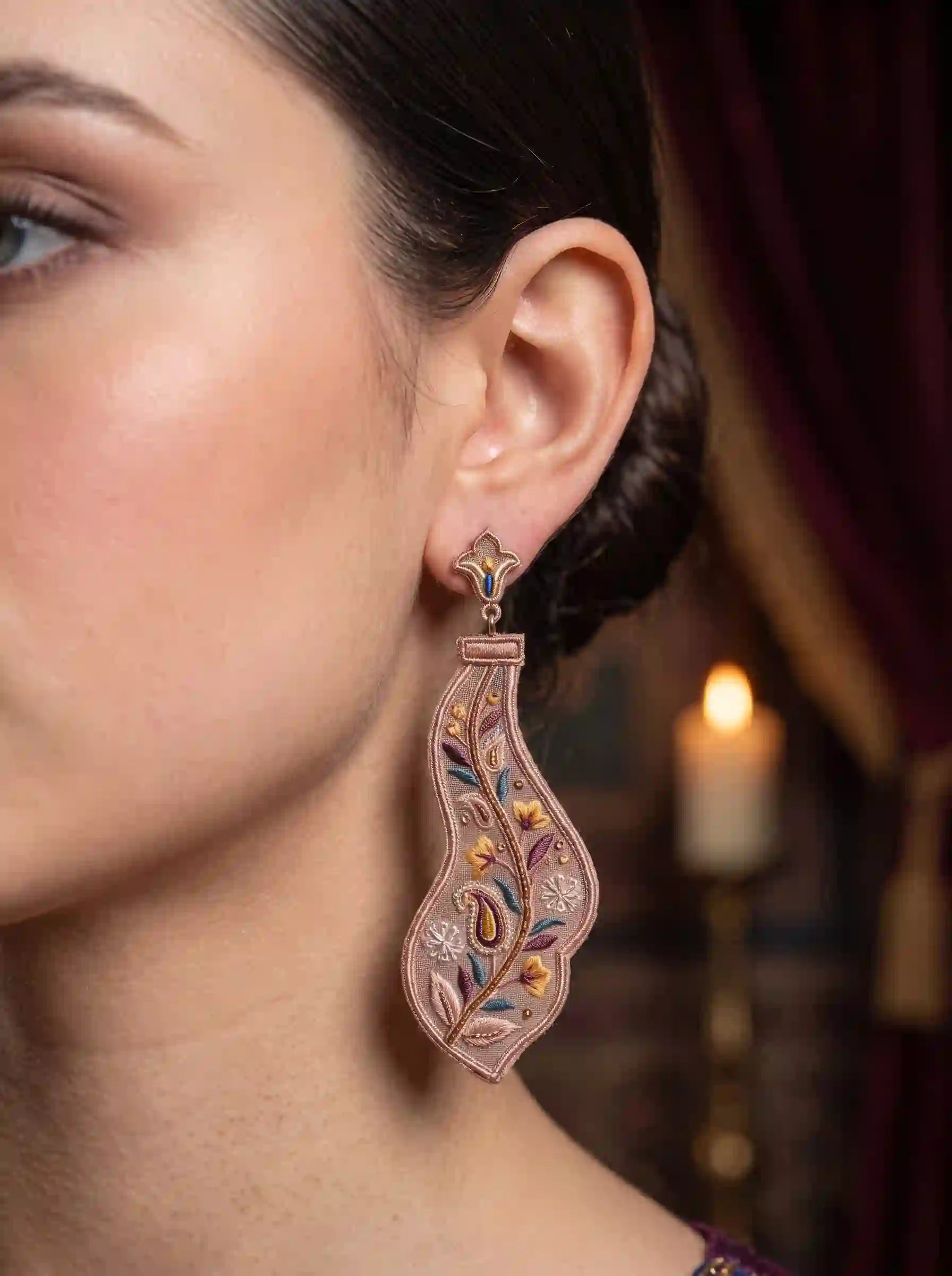 Floral Paisley Curved Embroidery Drop Earrings