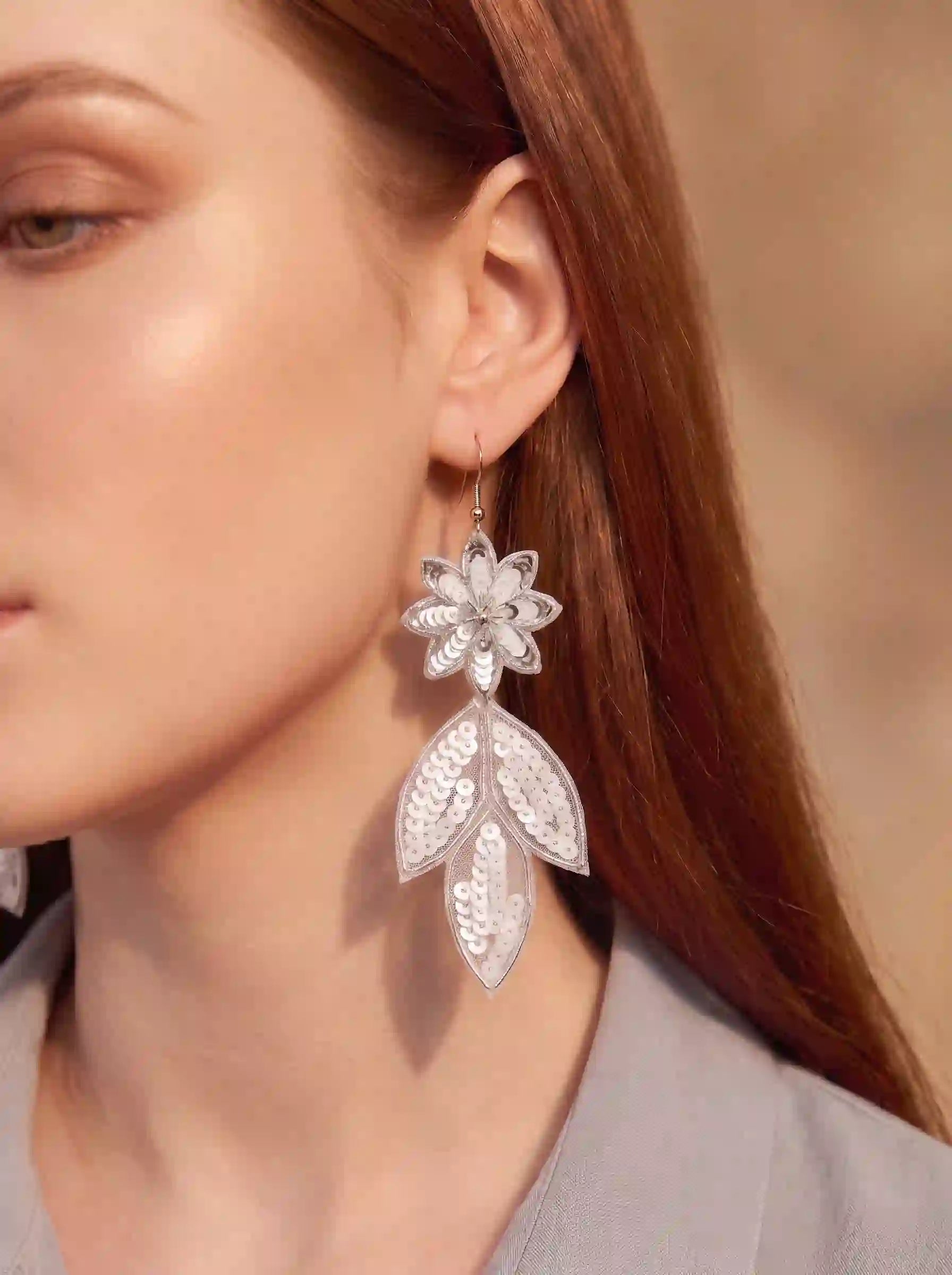 White Sequin Flower Leaf Drop Earrings