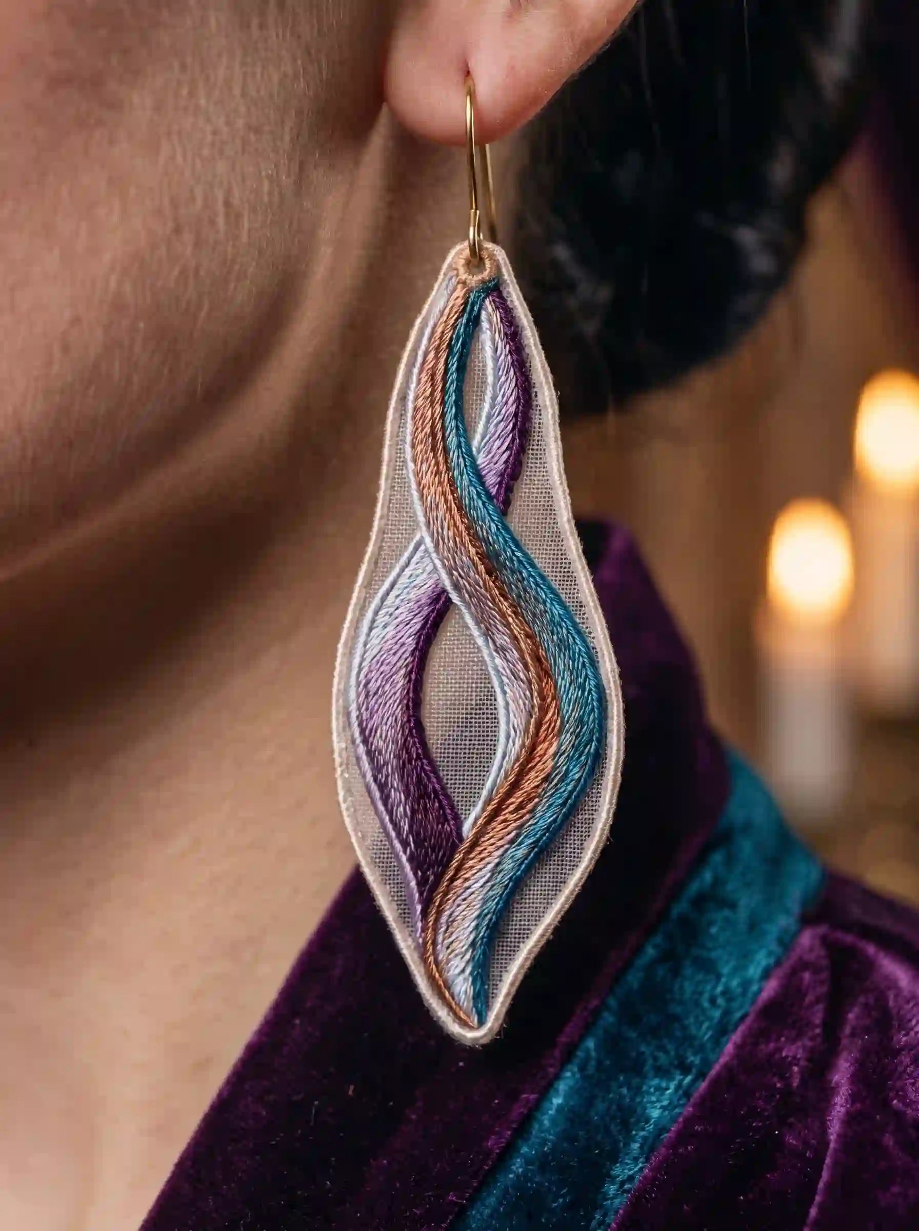 Multicolour Swirl Leaf Embroidery Drop Earrings