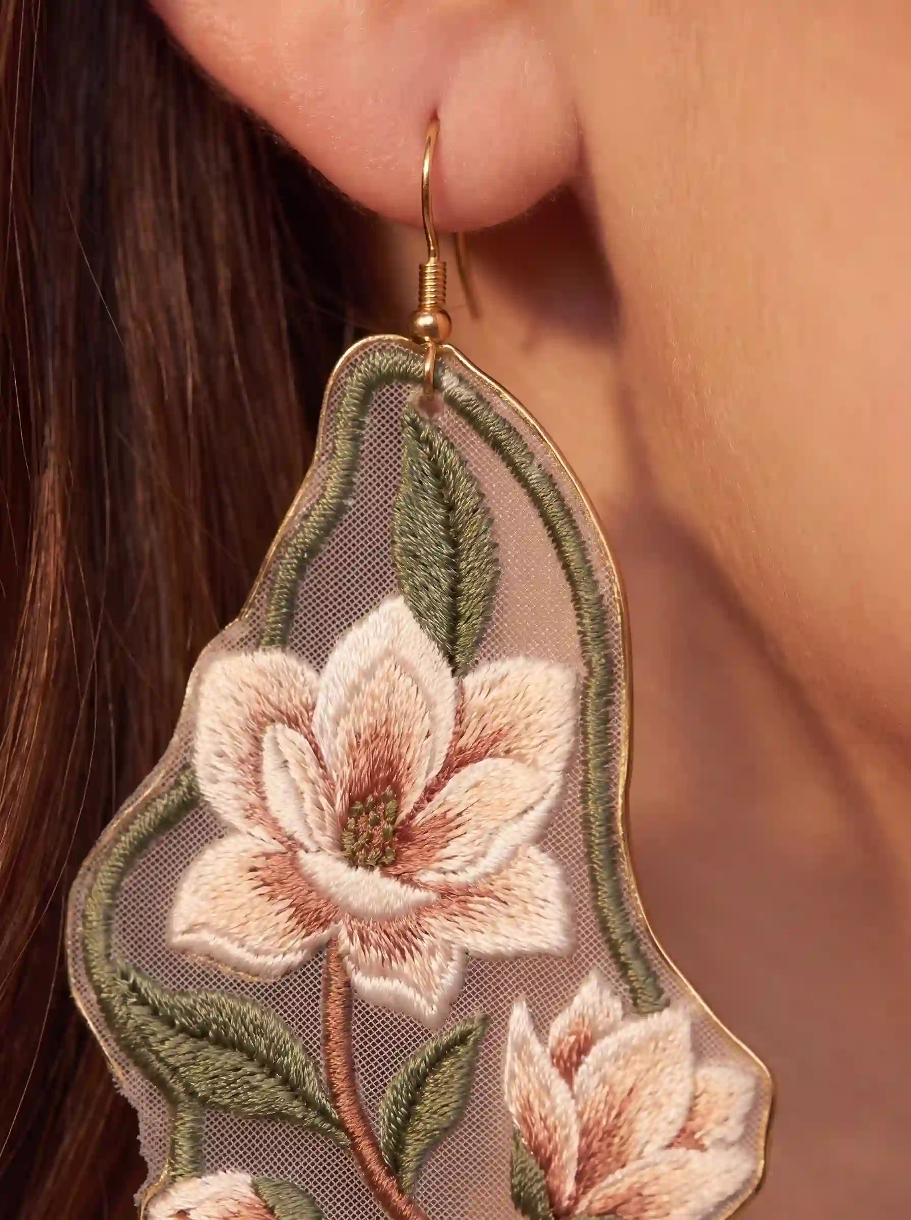 Magnolia Wing Embroidery Drop Earrings
