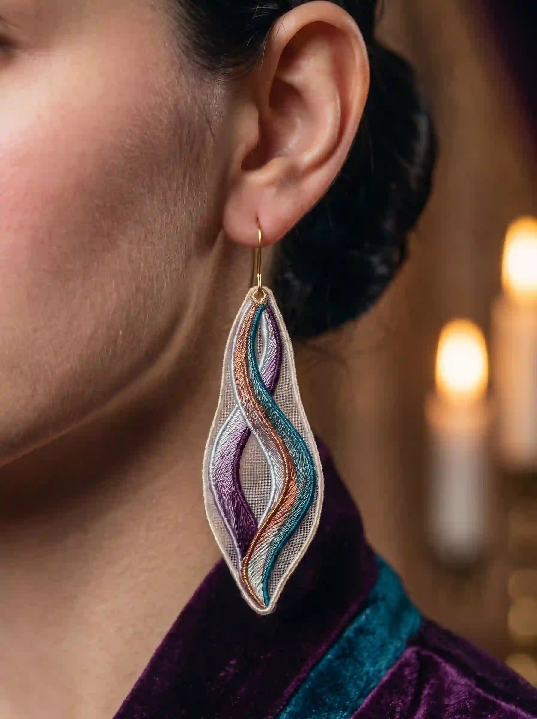 Multicolour Swirl Leaf Embroidery Drop Earrings