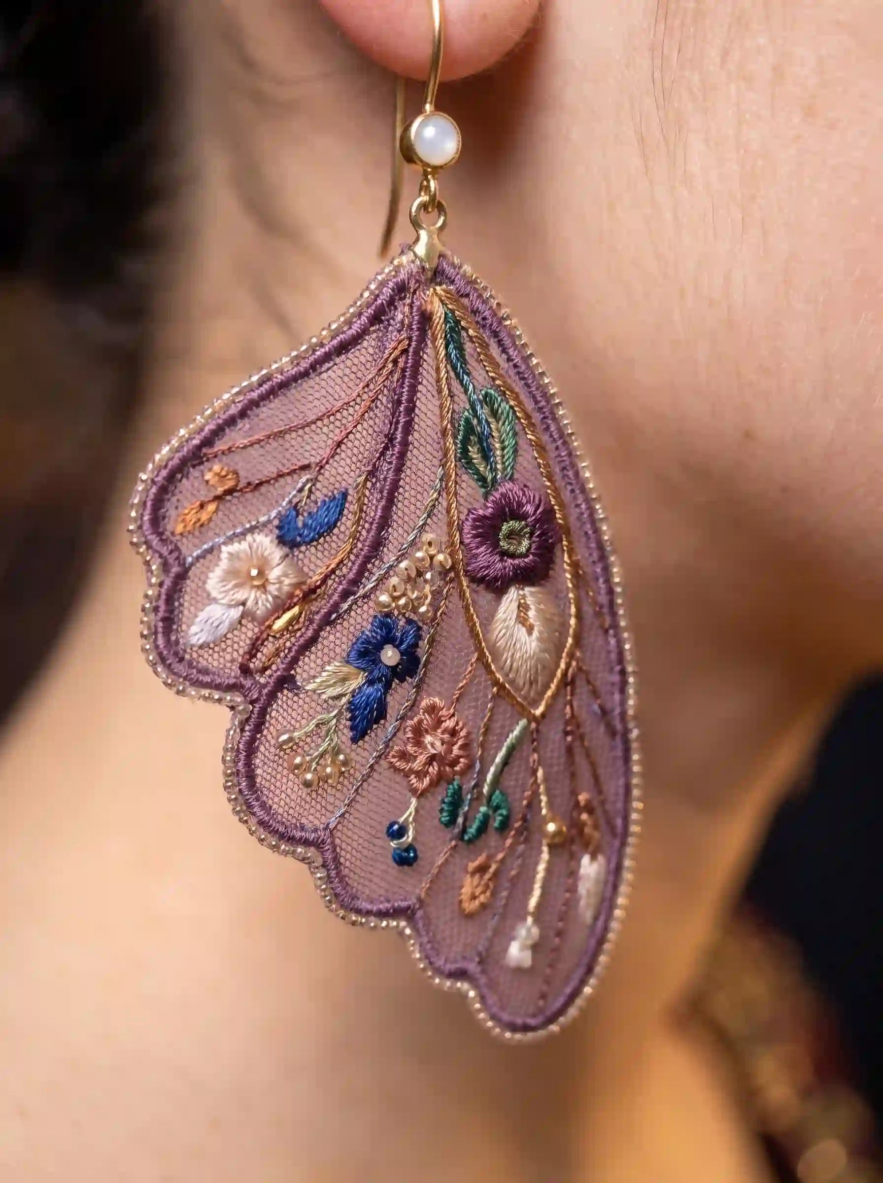 Floral Fan Embroidery Drop Earrings
