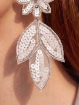 White Sequin Flower Leaf Drop Earrings