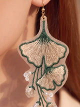 Ginkgo Leaf Embroidered Drop Earrings