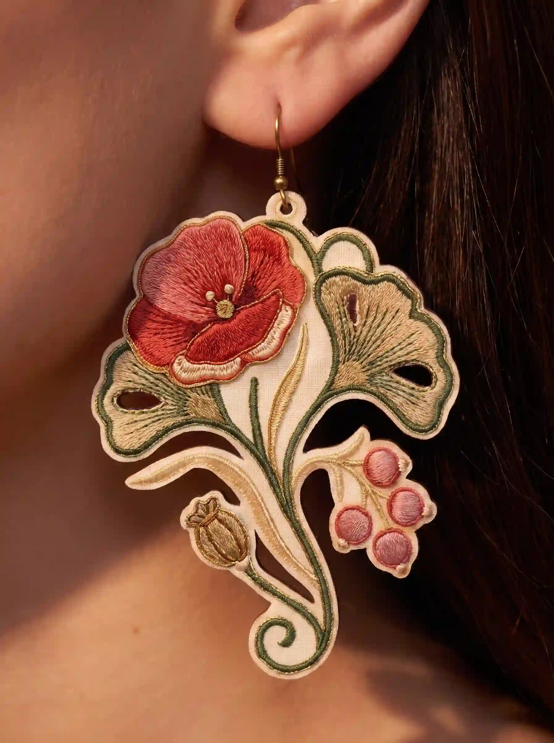 Botanical Poppy Embroidery Drop Earrings