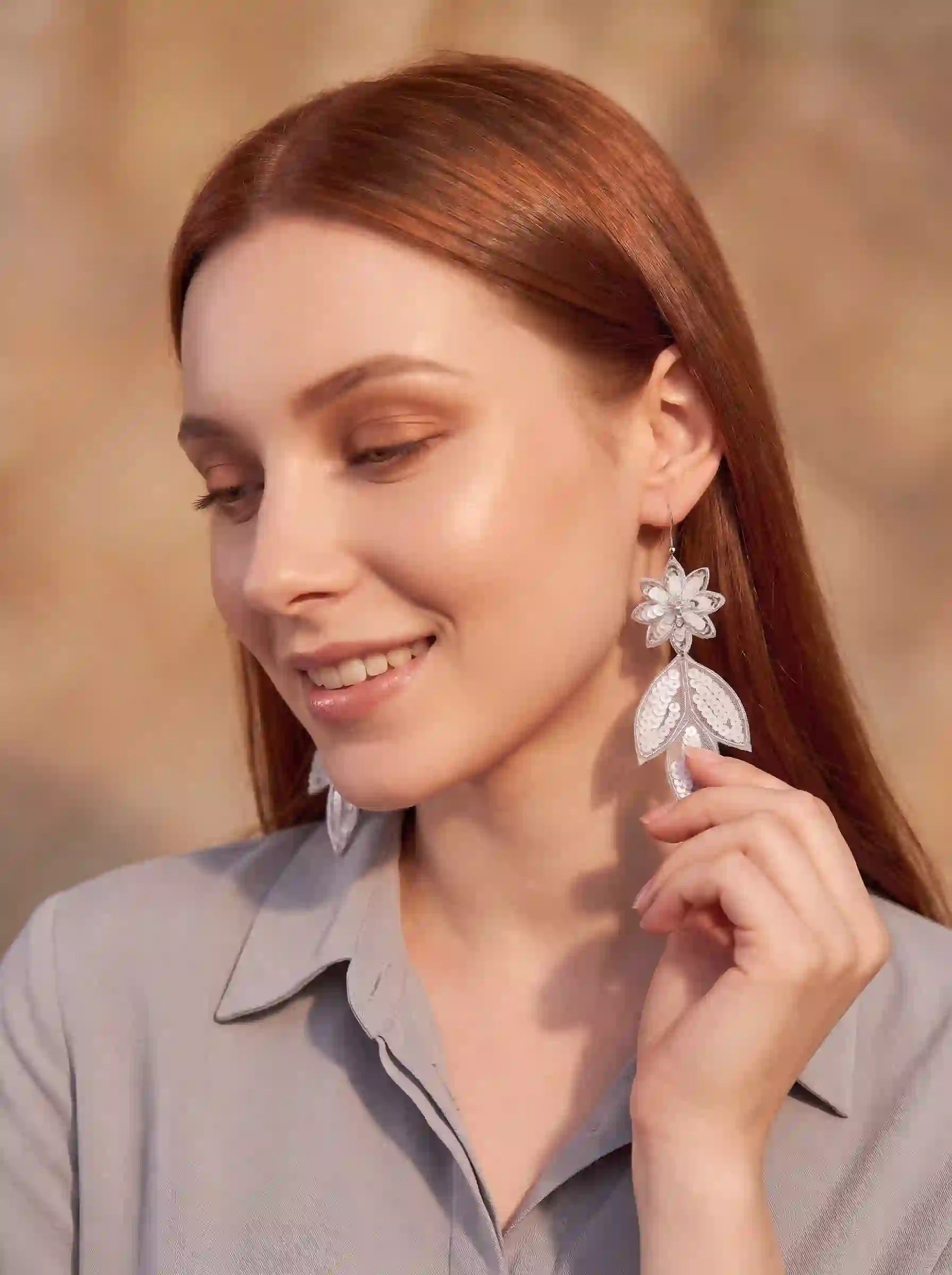 White Sequin Flower Leaf Drop Earrings