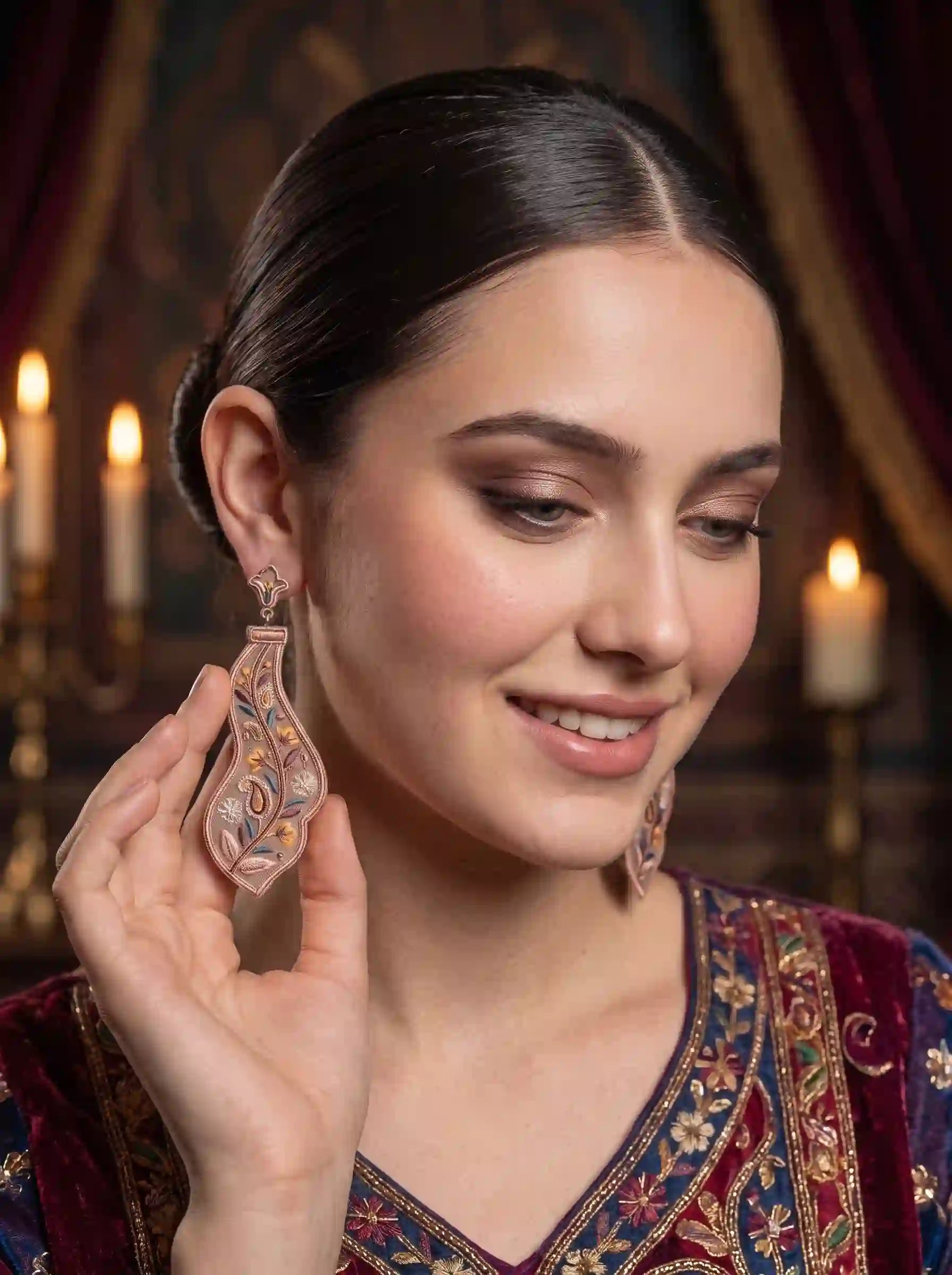 Floral Paisley Curved Embroidery Drop Earrings