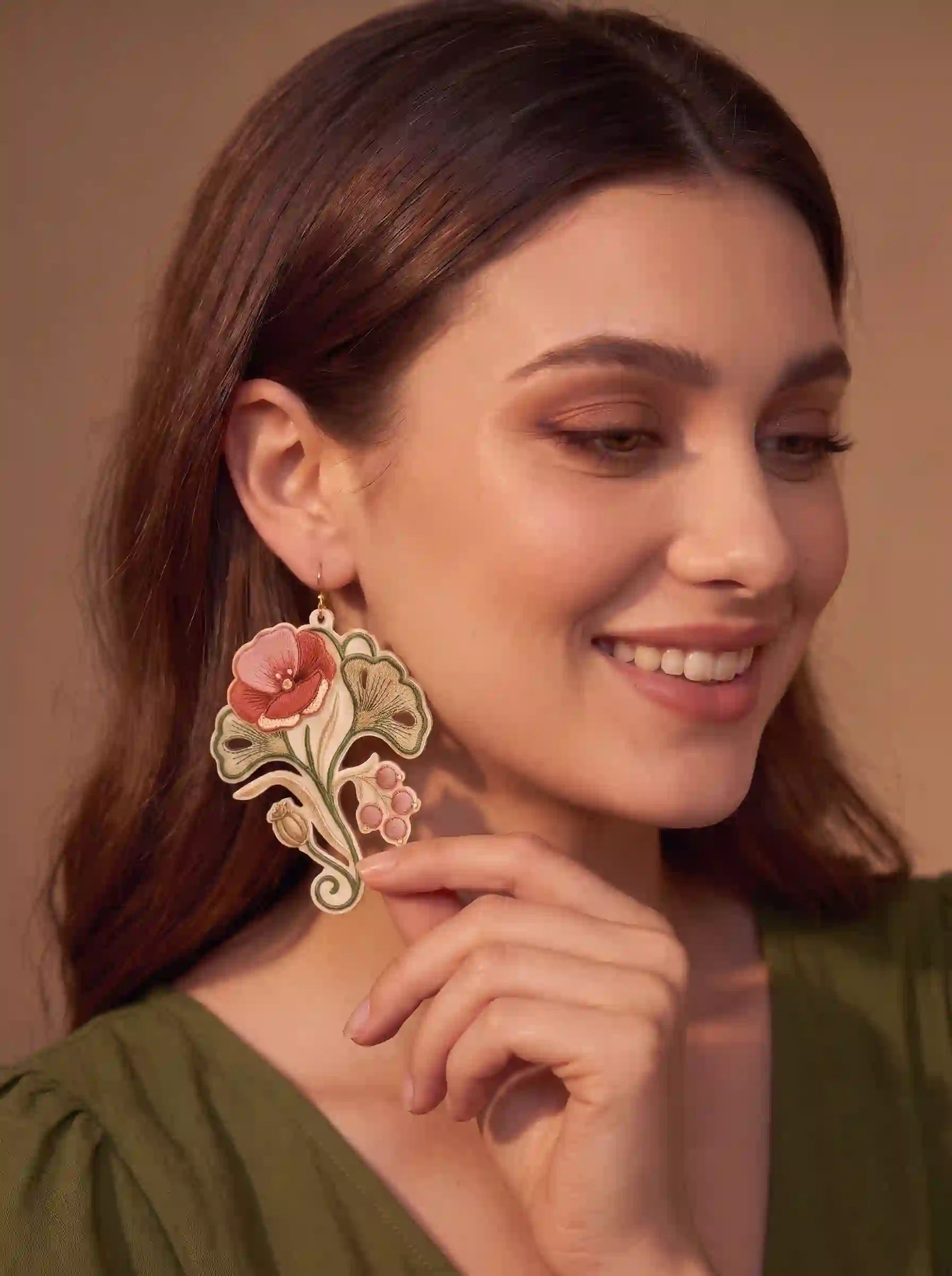 Botanical Poppy Embroidery Drop Earrings