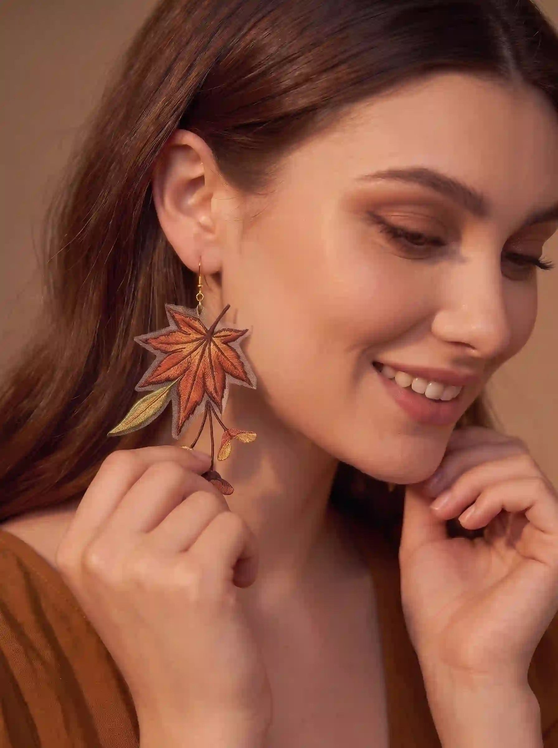 Autumn Maple Leaf Embroidery Drop Earrings
