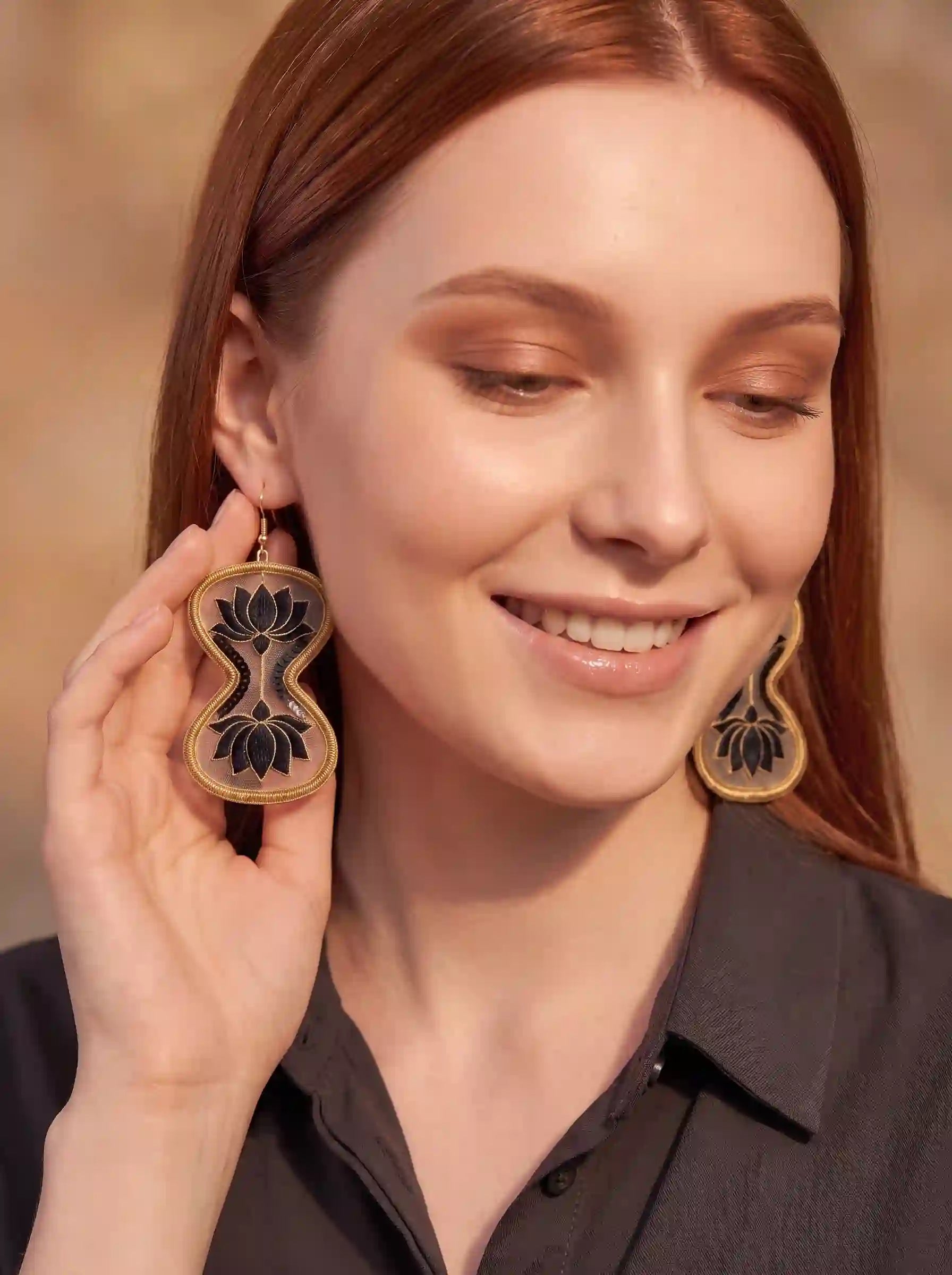 Black Lotus Gold Frame Drop Earrings