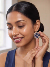 Navy Plaid Circle Earrings